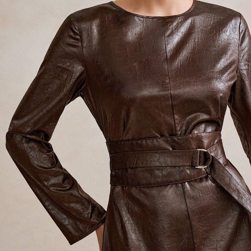 Brown Bohemian Women's Maxi Dress with Round Neck, Cinched Waist, Belt Detail - Picture 4 of 6